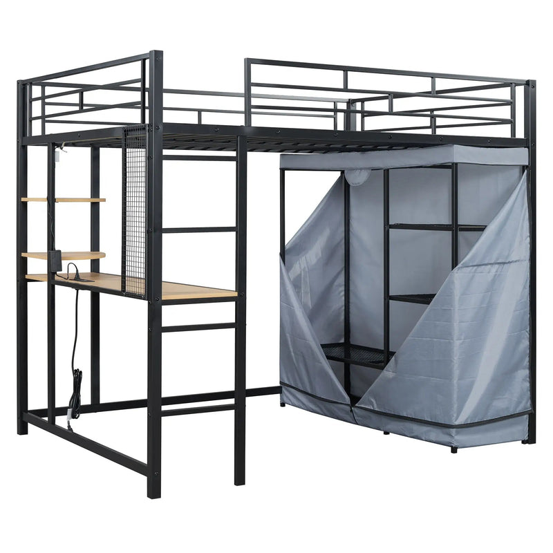 Loft Bed With Desk, Shelves, Power Outlet, LED Light And Wardrobe by Unique Piece Furniture