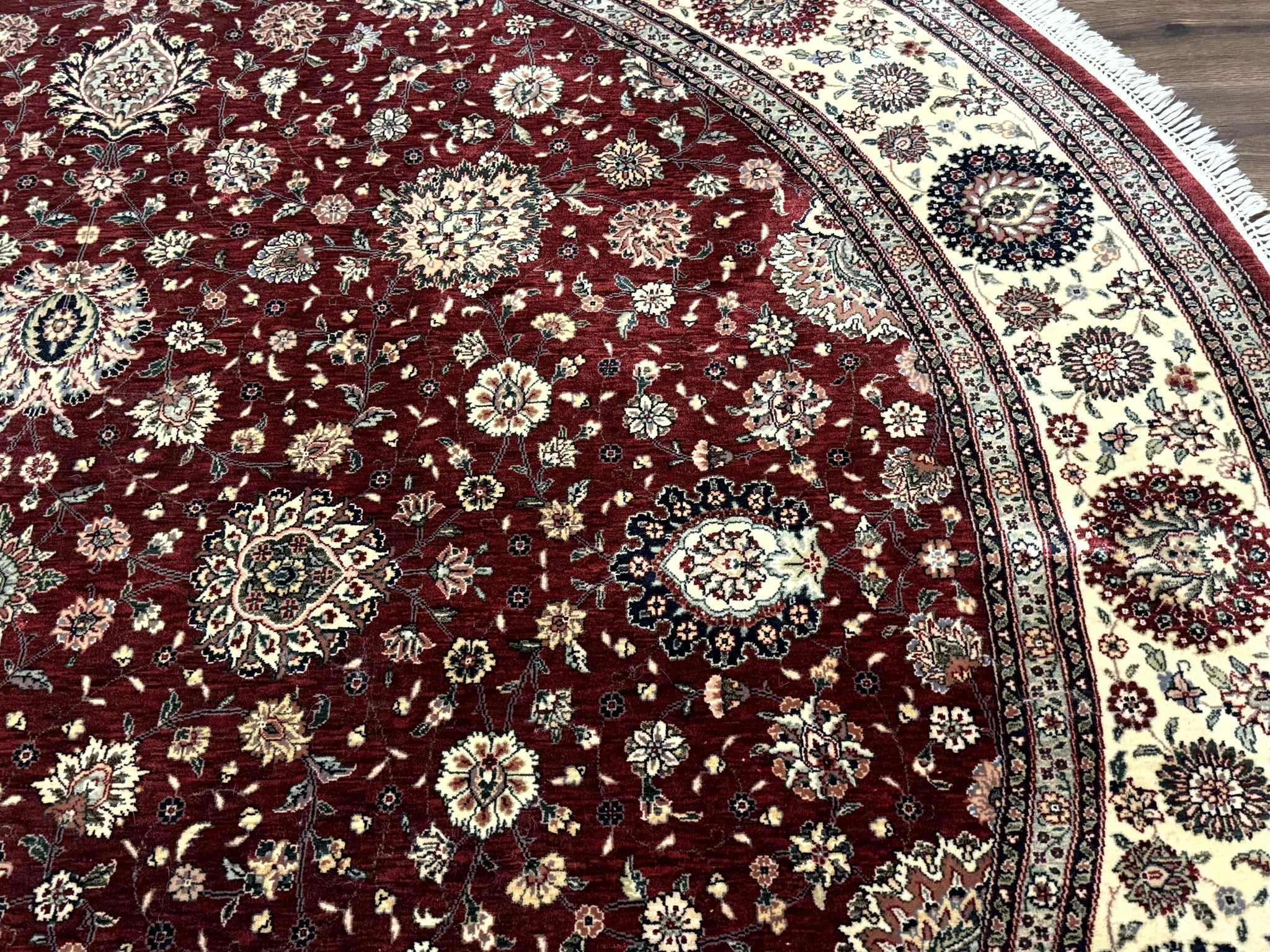 Round Sino Persian Rug 9x9, Burgundy and Cream, Floral, Wool and Silk, 9ft Round Carpet by Jewel Rugs