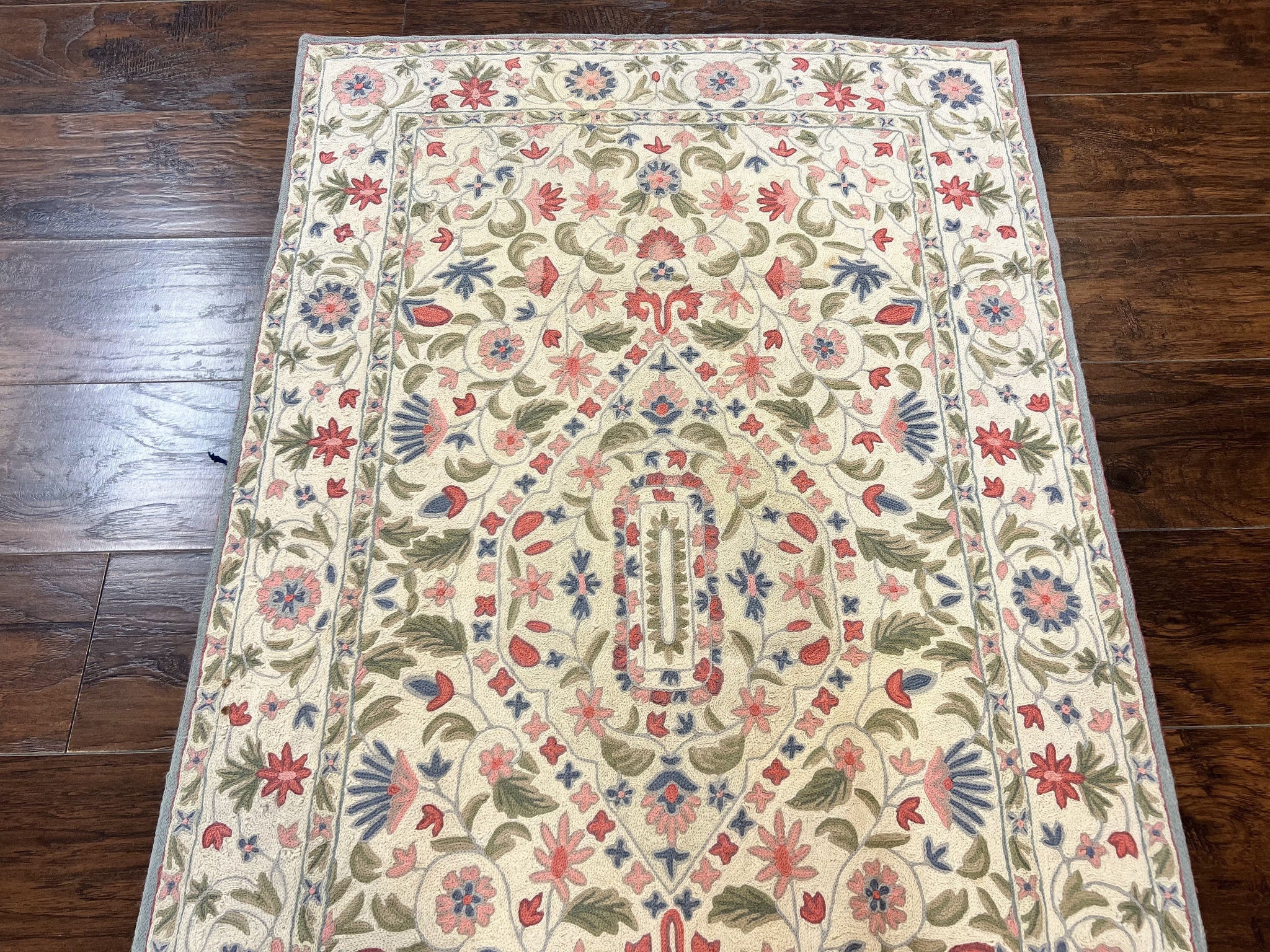 Hand Stitched Indian Rug 4x5, Floral, Vintage Hand Embroidered Rug by Jewel Rugs