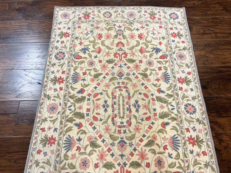 Hand Stitched Indian Rug 4x5, Floral, Vintage Hand Embroidered Rug by Jewel Rugs