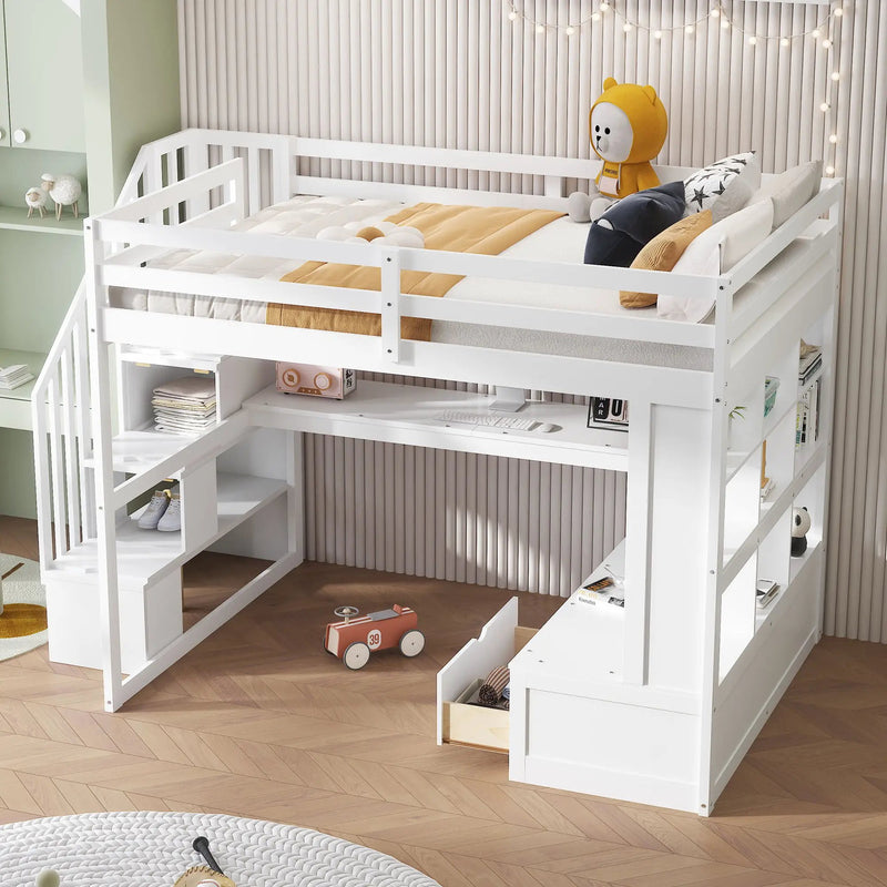 Full Size Loft Bed With Desk And Shelves, 2 Built In Drawers, Storage Staircase - White by HouseOfZazla