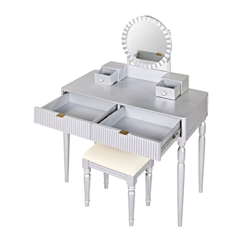 Luxury Vanity Desk With Round Mirror Height Adjustable Dressing Table Set Engineered Wood - Silver by Unique Piece Furniture