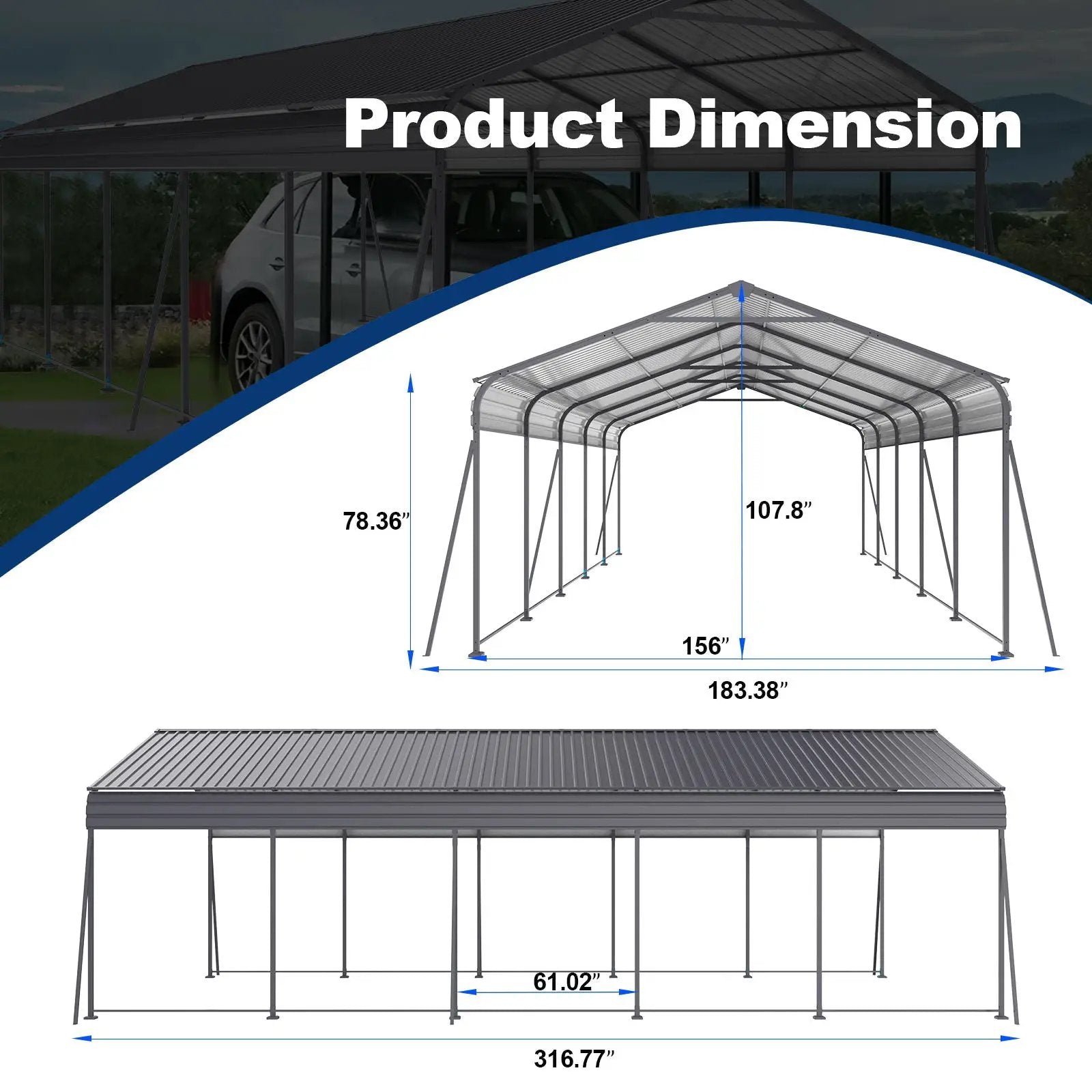 Metal Carport 13 X 26.5 Ft Heavy Duty With Galvanized Steel Roof Metal Garage Canopy With Galvanized Steel Roof & Frame Car Tent Outdoor Storage Shed For Car Boats And Truck - Gray by HouseOfZazla