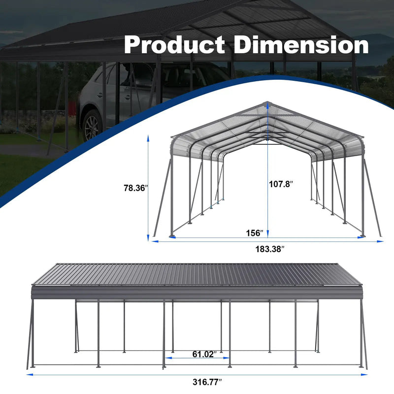 Metal Carport 13 X 26.5 Ft Heavy Duty With Galvanized Steel Roof Metal Garage Canopy With Galvanized Steel Roof & Frame Car Tent Outdoor Storage Shed For Car Boats And Truck - Gray by HouseOfZazla