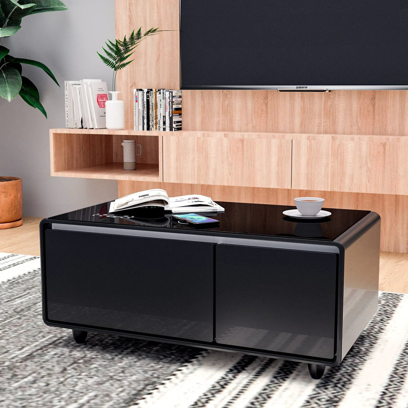Modern Smart Coffee Table With Built-In Fridge - tooth Speaker, Wireless Charging, Touch Control Panel, USB Interface, Outlet Protection, Atmosphere Light by HouseOfZazla