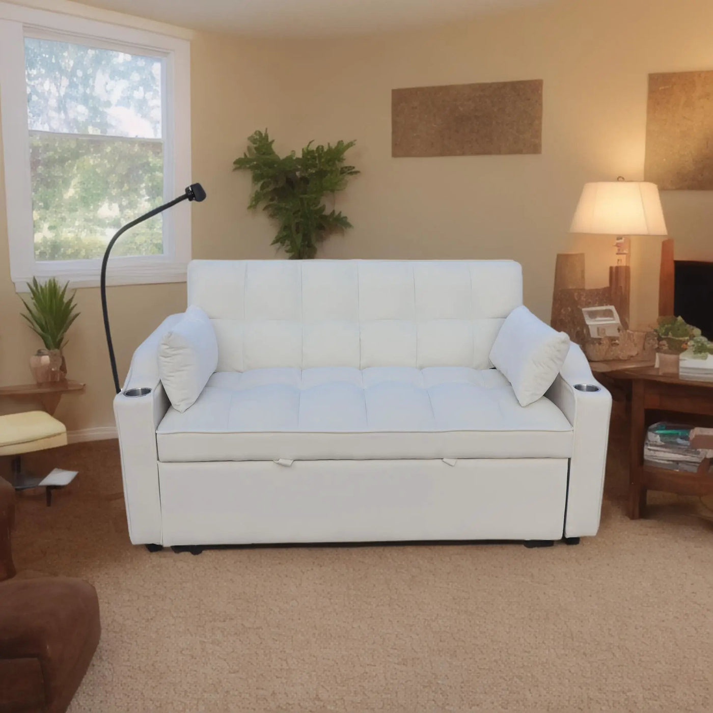 Modern Loveseat Futon Sofa With Pullout Bed, Adjustable Reclining Backrest, Toss Pillows by HouseOfZazla