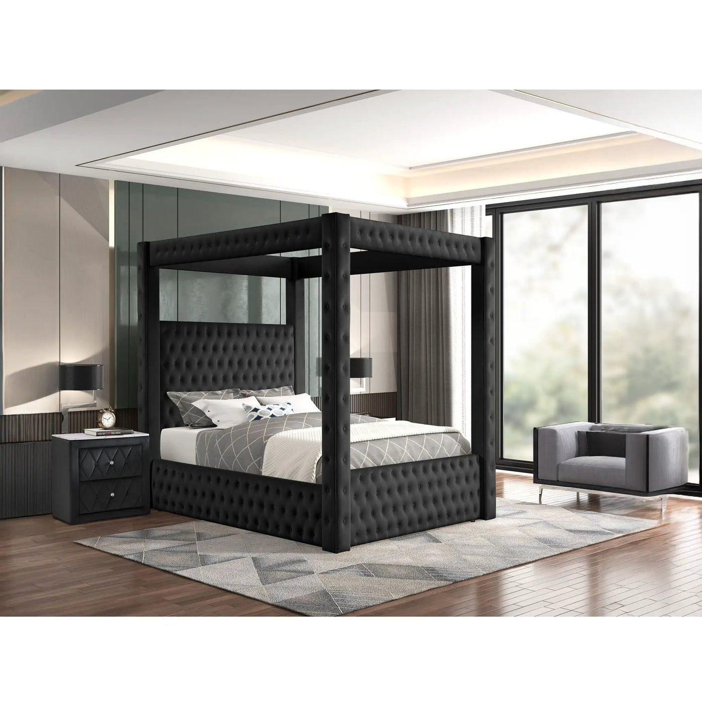 Modern 4 Poster Bed With Tufted Headboard And Footboard by Unique Piece Furniture