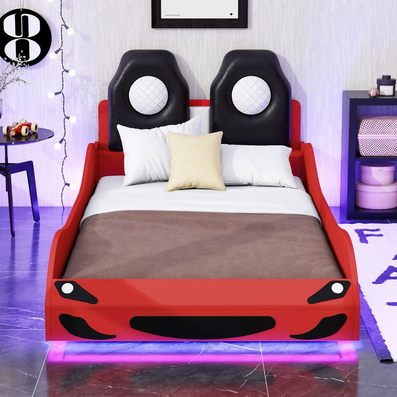 Race Car Shaped Platform Bed With LED And Upholstered Backrest In by Unique Piece Furniture