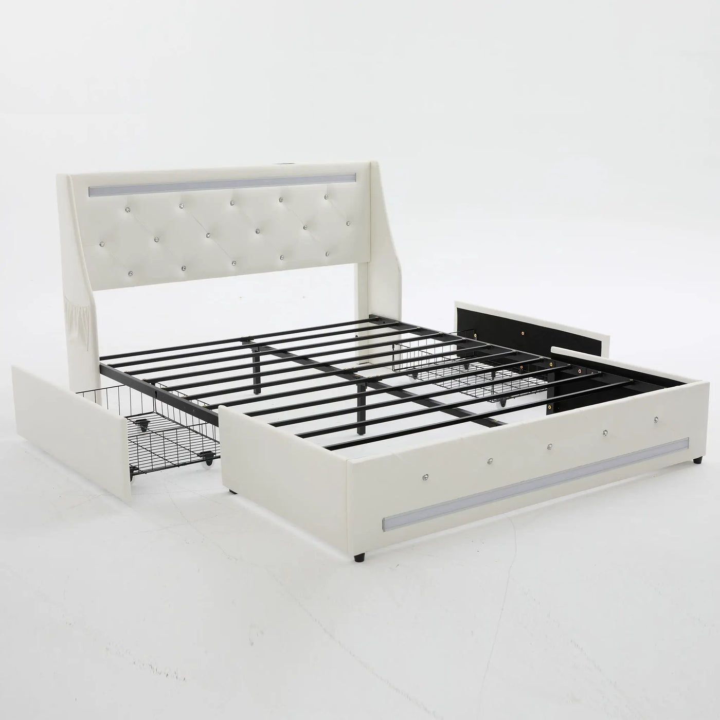 Wingback Upholstered Bed Frame With LED Lights, Charging Station by HouseOfZazla
