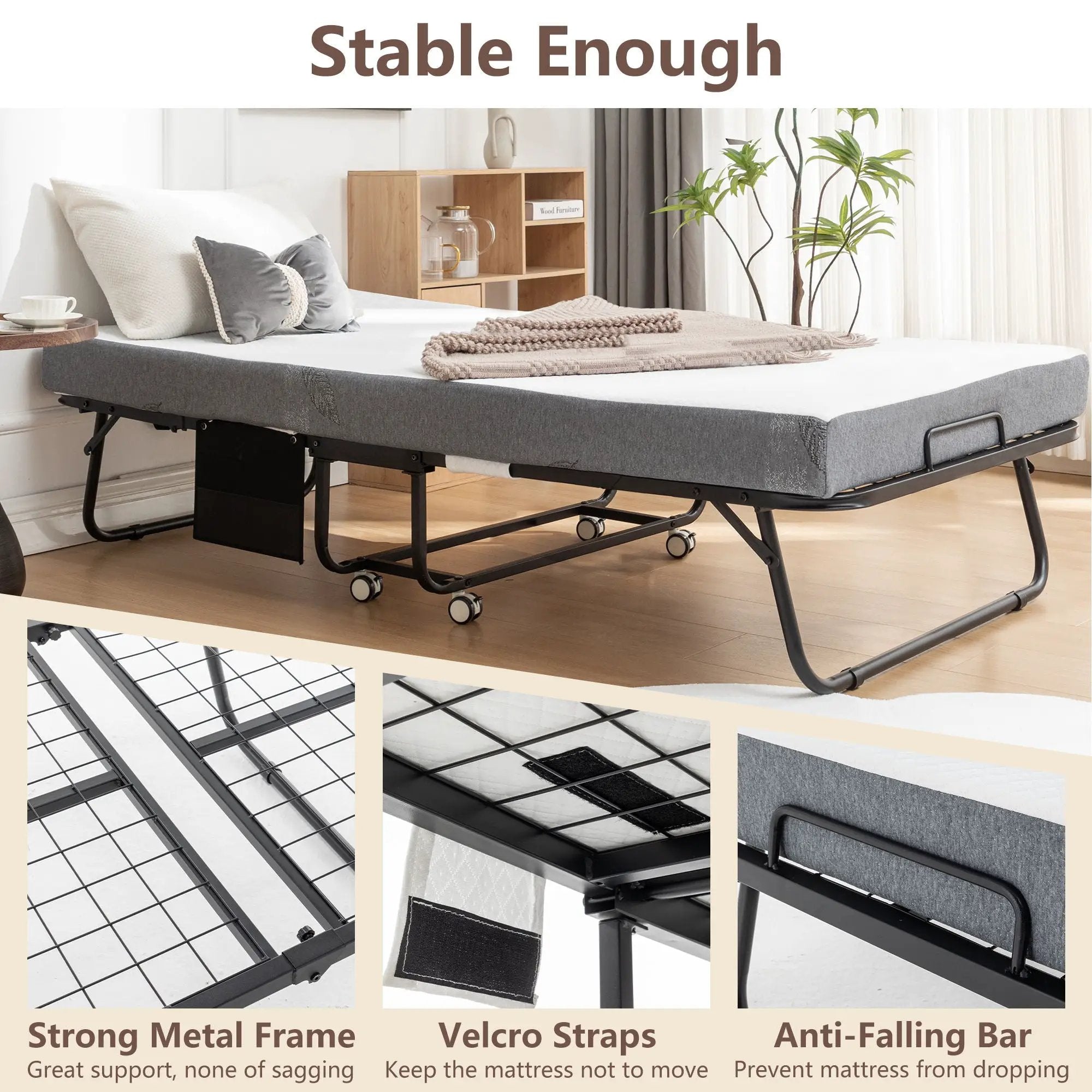 Foldable Metal Frame Bed For Guest With Memory Foam Mattress On Wheels, Saving Space Rollaway Bed by Unique Piece Furniture