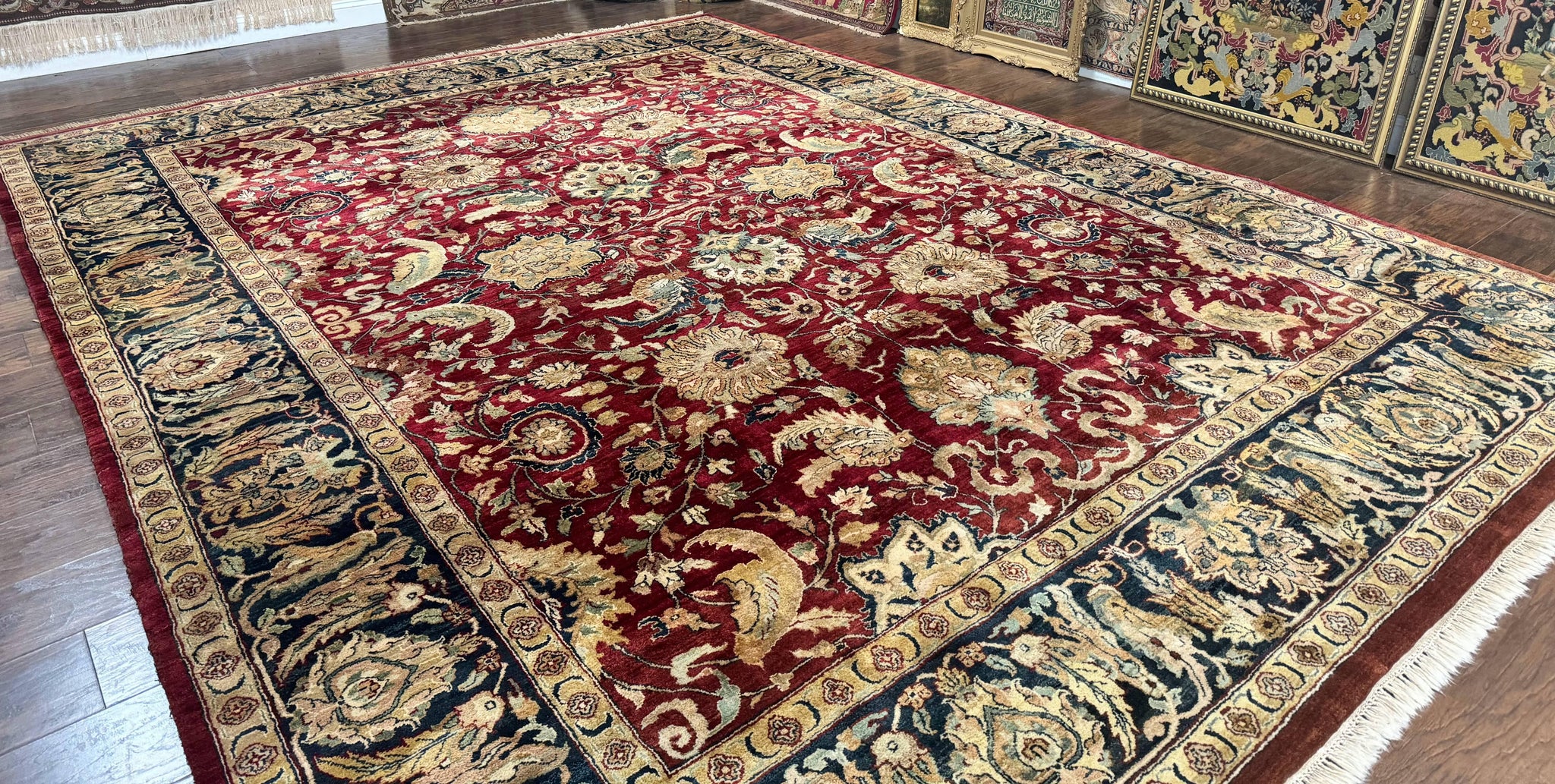 Indo Persian Rug 10x14, Indian Agra Carpet, Vintage Handmade Wool Large Traditional Rug, Dark Red Navy Blue Beige by Jewel Rugs