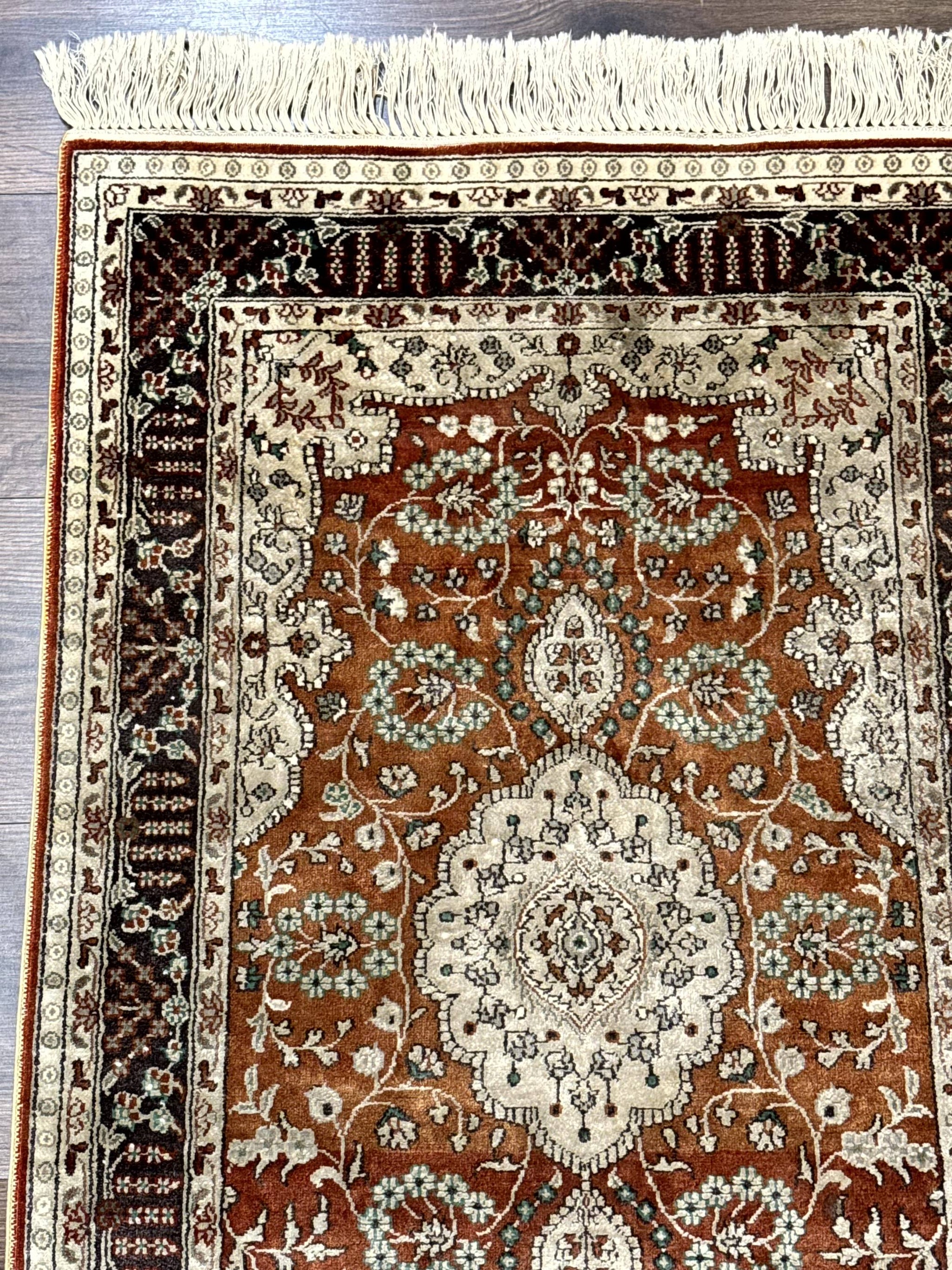 Turkish Silk Narrow Runner Rug 2 x 5.8, Very Fine 340 KPSI, Floral Medallions, Red by Jewel Rugs