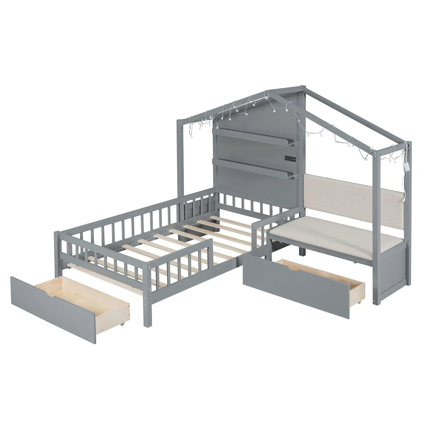 House Bed With Upholstered Sofa, Wireless Charging Station, Shelves And 2 Drawers by Unique Piece Furniture