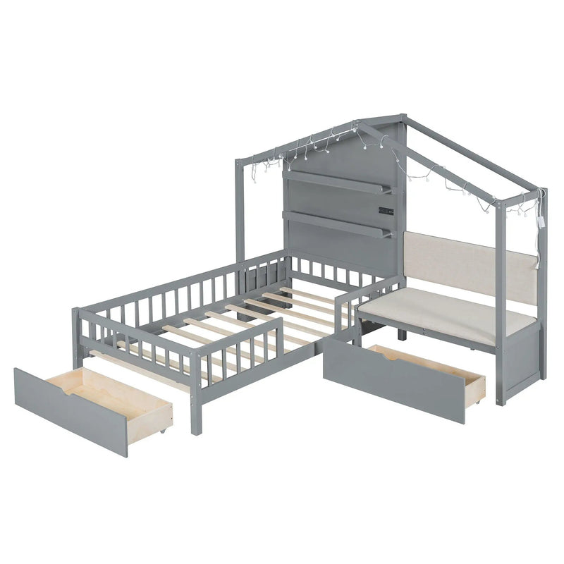 House Bed With Upholstered Sofa, Wireless Charging Station, Shelves And 2 Drawers by HouseOfZazla