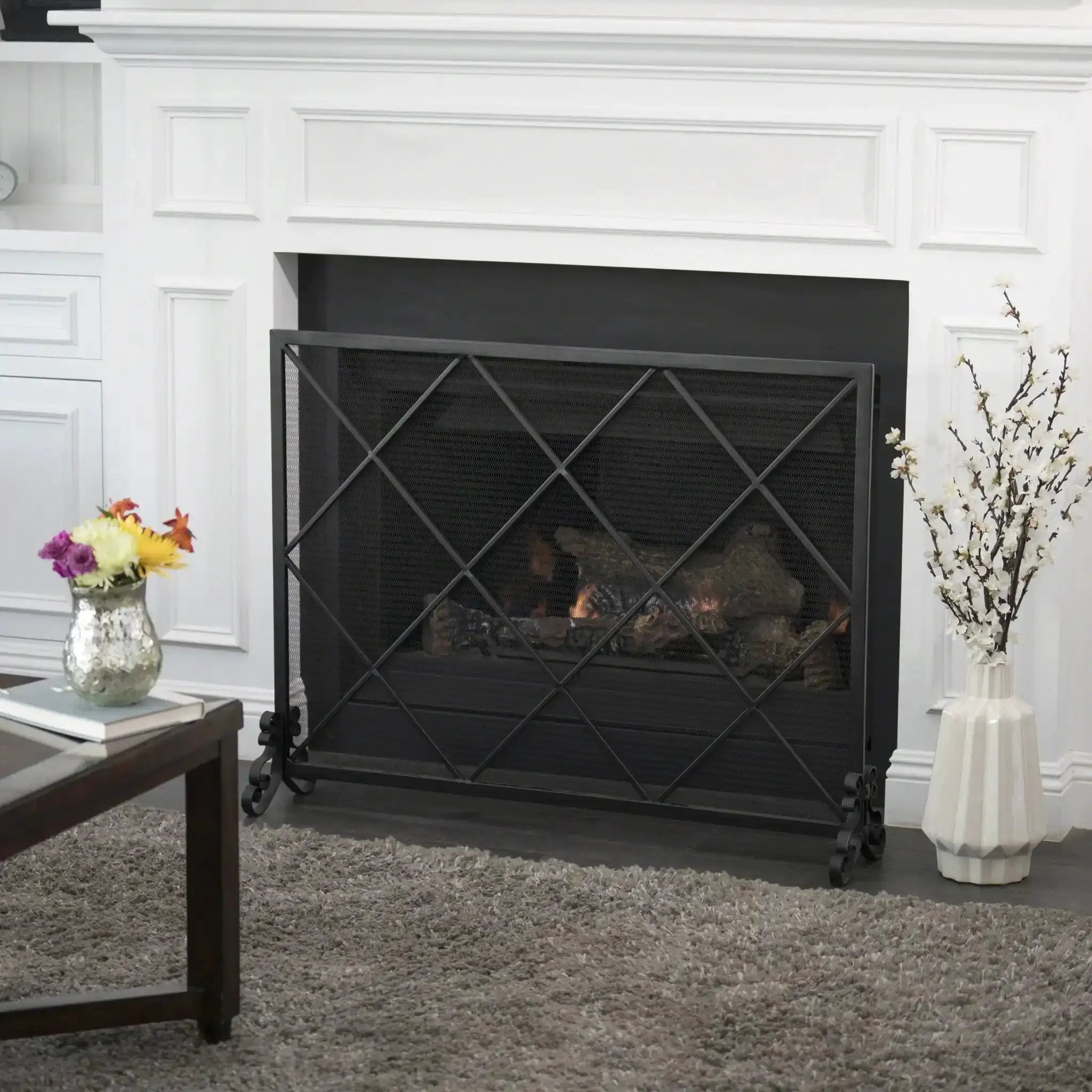 Minimalist Single Panel Iron Fireplace Screen with Diamond Design by HouseOfZazla