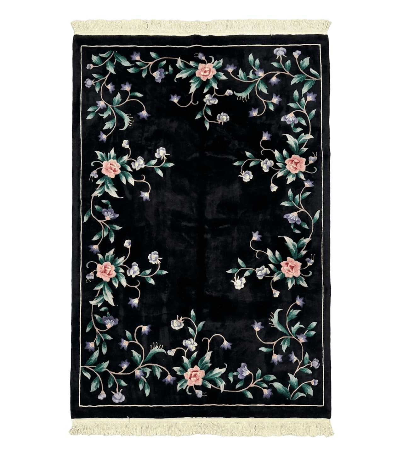 Chinese Wool Rug 6x9, Black, Floral, Minimal Design, 90 Line Carpet, Vintage Art Deco Rug by Jewel Rugs