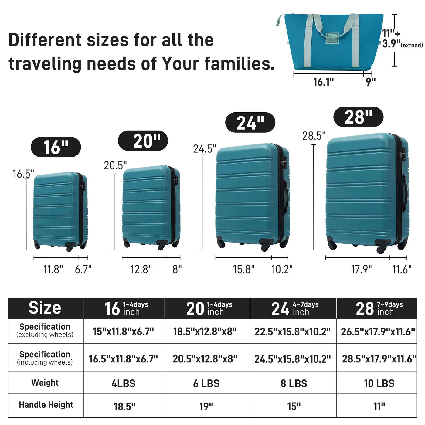 Hardshell Luggage Sets 4 Pieces + Bag Spinner Suitcase With Tsa Lock Lightweight - 16" / 20" / 24" / 28" Luggages by HouseOfZazla
