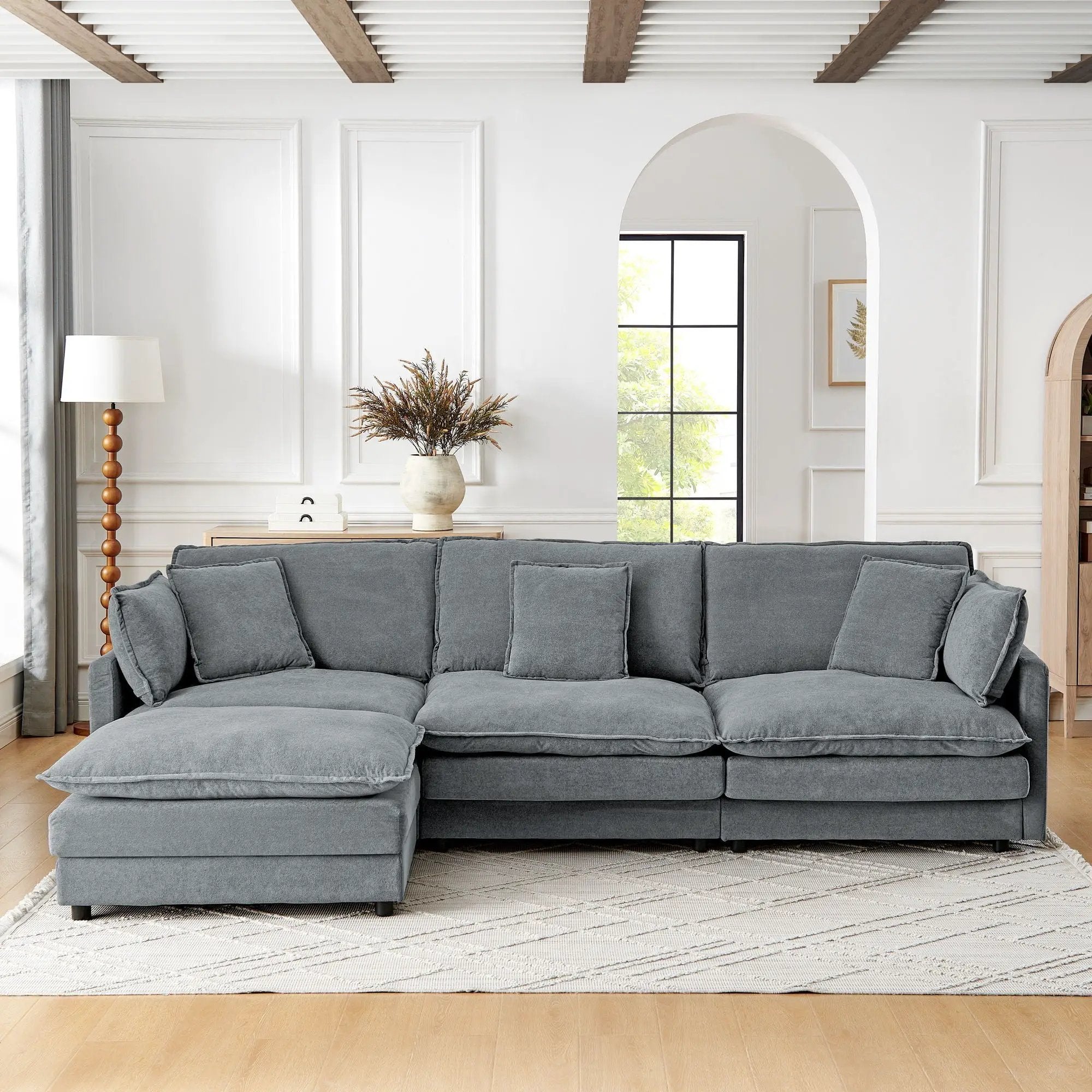 L-Shaped Sectional Sofa With Ottoman, Convertible 4 Seater Couch by HouseOfZazla