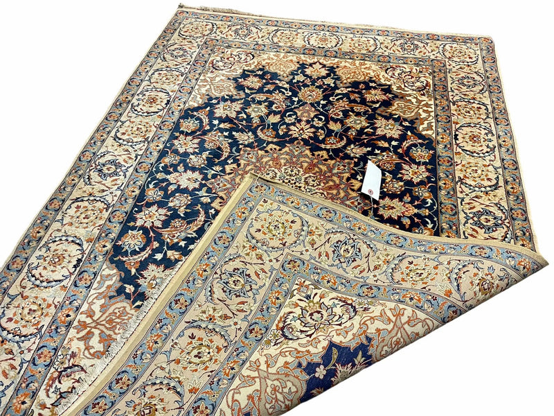 Persian Isfahan Rug 4x5, Navy Blue & Ivory, Wool and Silk Highlights by Jewel Rugs