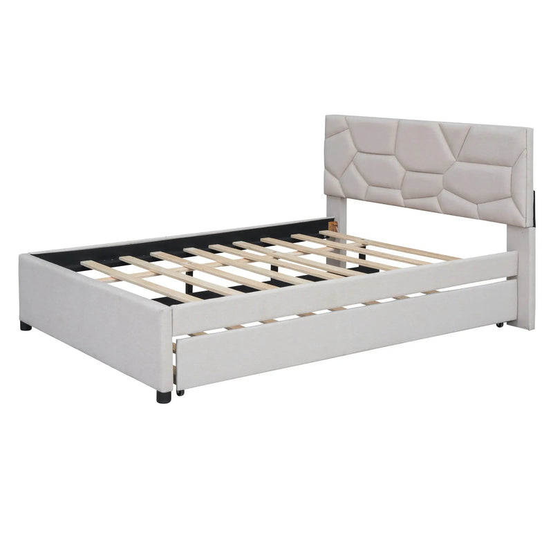 Upholstered Platform Bed With Brick Pattern Headboard And Twin Long Size Trundle by HouseOfZazla