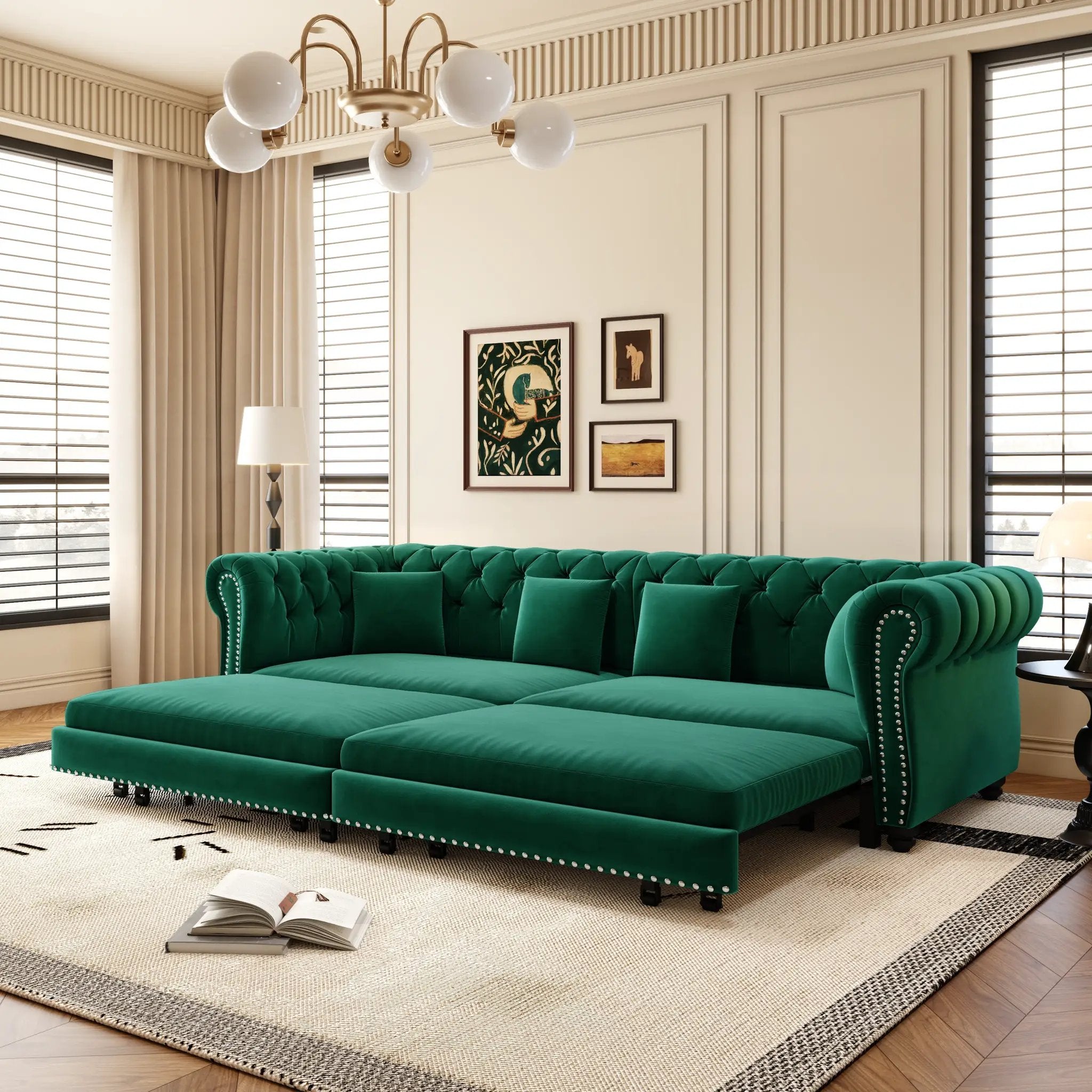 Chesterfield 3-in-1 Pull-Out Sofa Bed - Green by HouseOfZazla