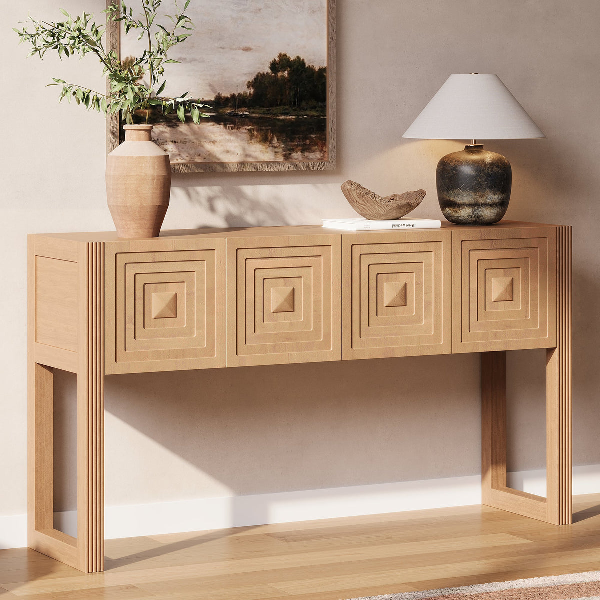 Geometric Carved Console Table with 3 Soft-Close Drawers, photo 3 of 10