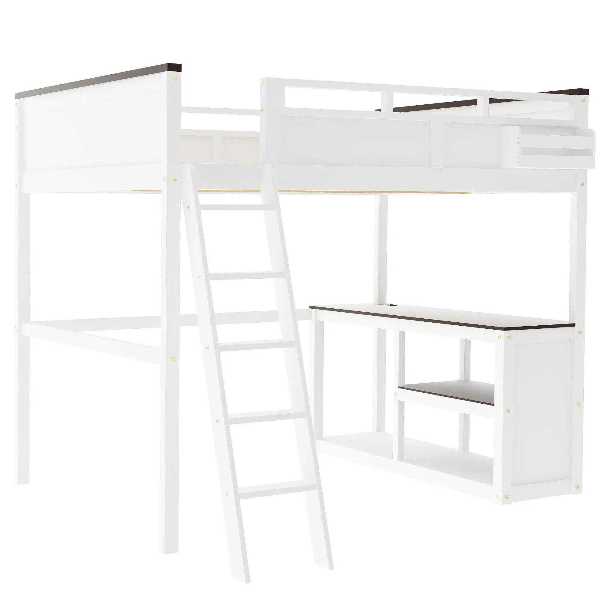 Queen Size Loft Bed With Desk, Open Shelf, Storage Box And USB Charging Station - White by HouseOfZazla