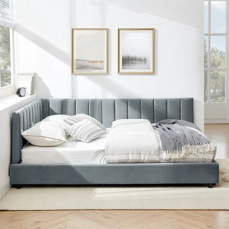 Mid-Century Upholstered Tufted Bed Frame with Backrest and Armrests by HouseOfZazla