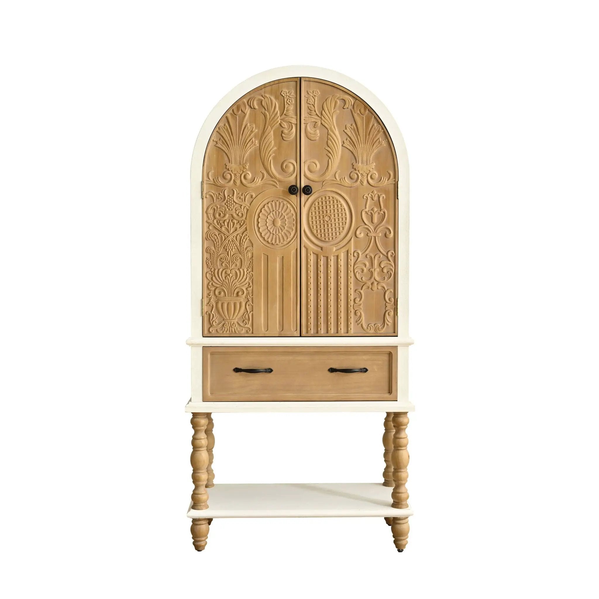 Arched Flower Carved Door Accent Sideboard Cabinet With 1 Drawer And Shelf, Cabinet For Kitchen - Natural / White by Unique Piece Furniture