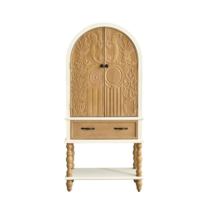 Arched Flower Carved Door Accent Sideboard Cabinet With 1 Drawer And Shelf, Cabinet For Kitchen - Natural / White by HouseOfZazla
