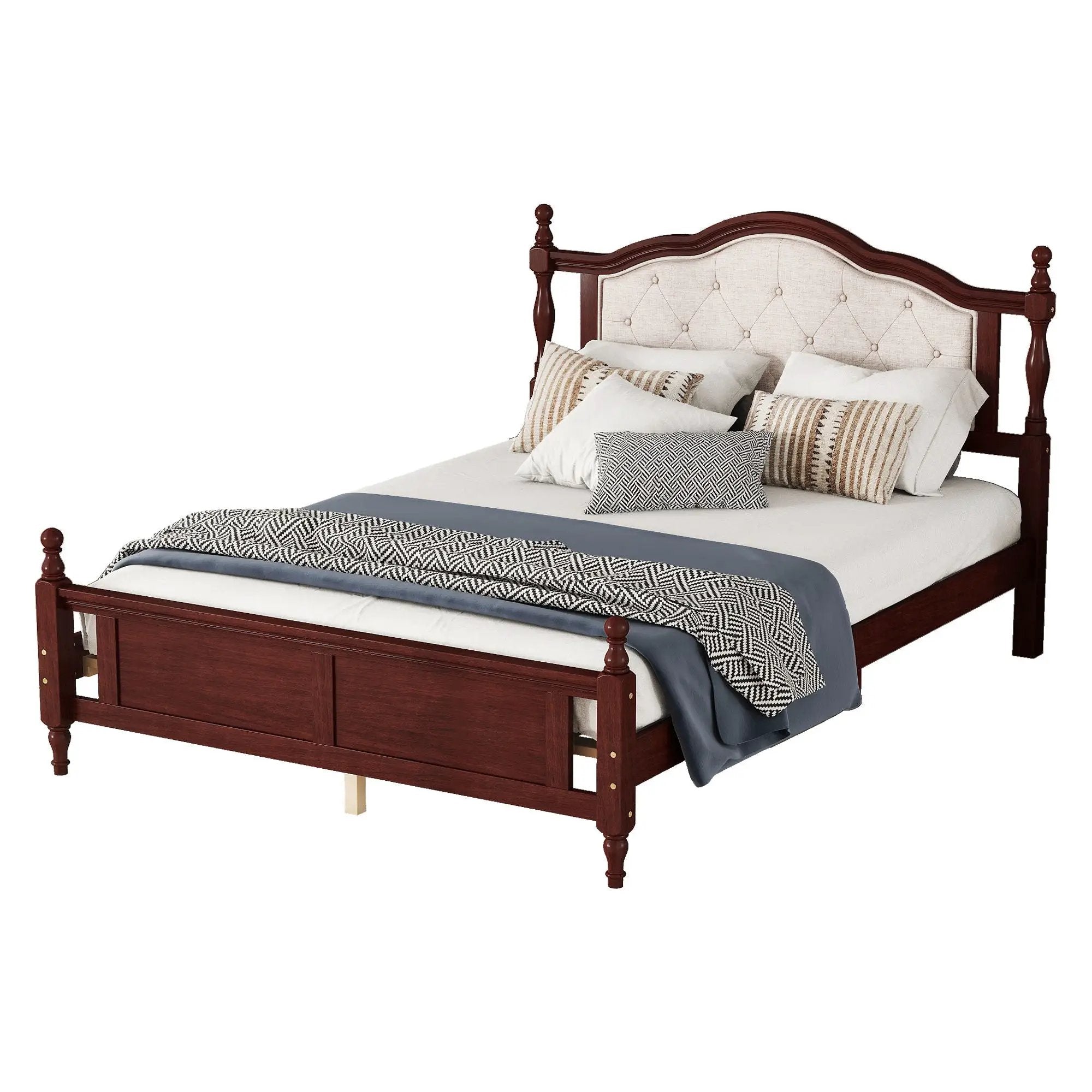 Pine Wooden Bed With Upholstered Headboard And Panel Footboard, With Two Bed Rail Support Feet And Central Platform Support Feet by HouseOfZazla