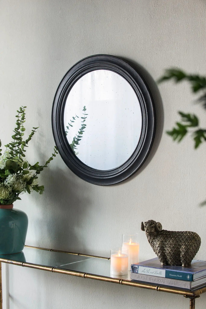 Circle Wall Mirror With Wooden Frame, Antique Classic Accent Mirror, For Living Room - Black by Unique Piece Furniture
