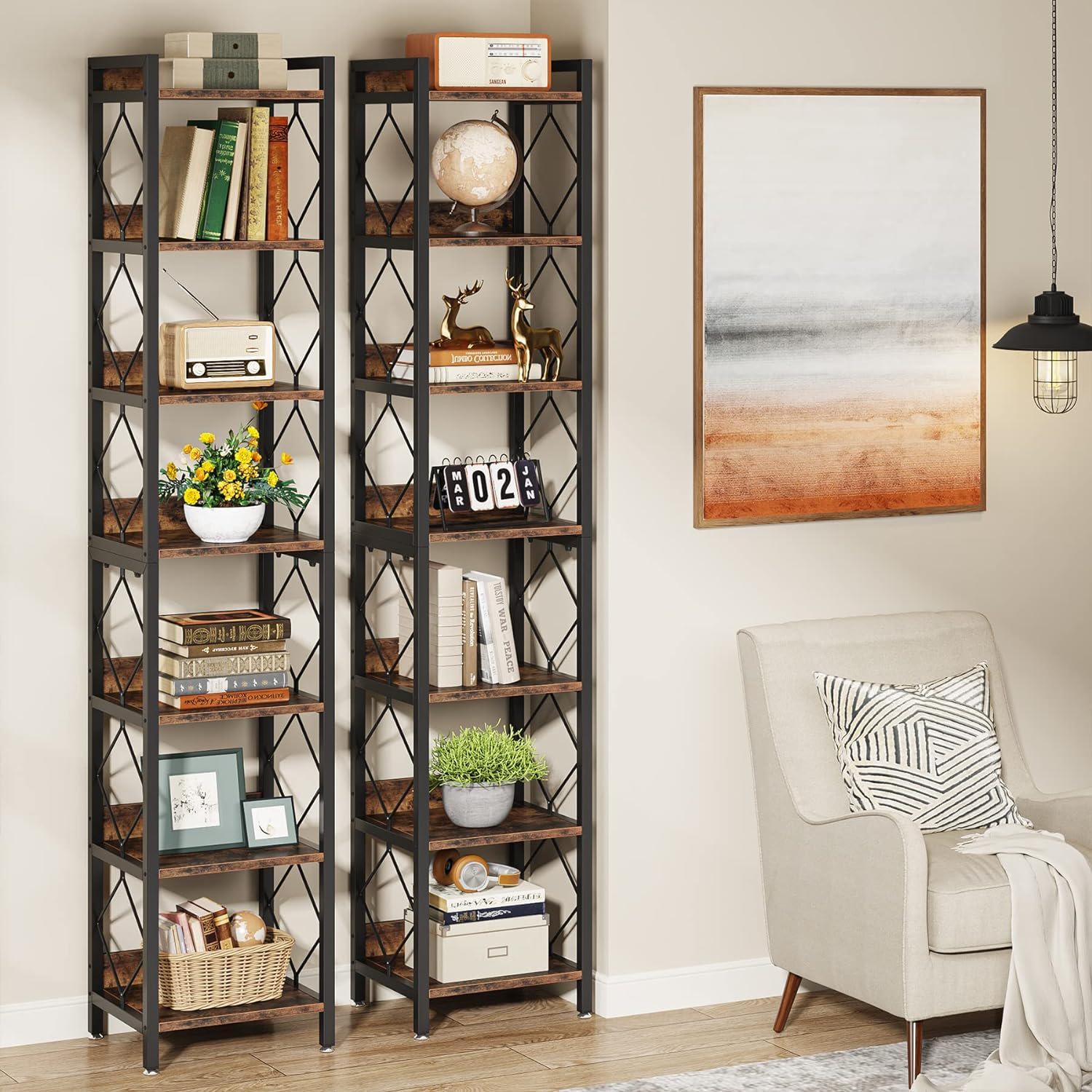Extra Tall 7 Tier Narrow Corner Bookshelf Storage Display Rack For Living Room - Rustic Brown by HouseOfZazla