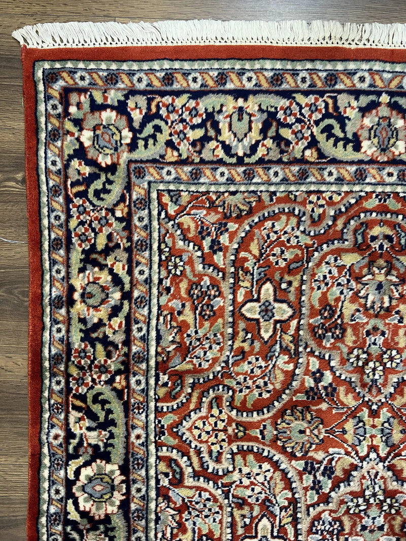 Indo Persian Rug 4x7, Allover Floral Oriental Carpet, Red and Navy Blue, Hand Knotted Indian Kashmiri Traditional Vintage Area Rug 4 x 7 ft by Jewel Rugs