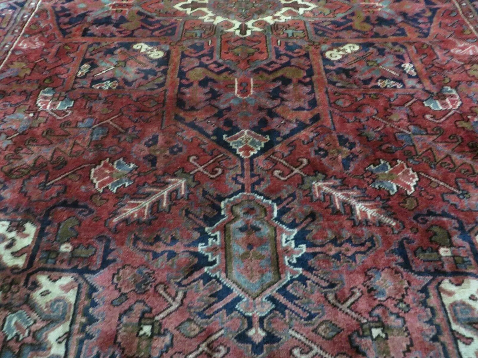 Persian Rug 8x11 Room Sized Heriz Carpet, Hand Knotted Wool Rug, Vintage Semi Antique, Geometric Medallion, Wine Red Cream Dark Blue, Wow by Jewel Rugs