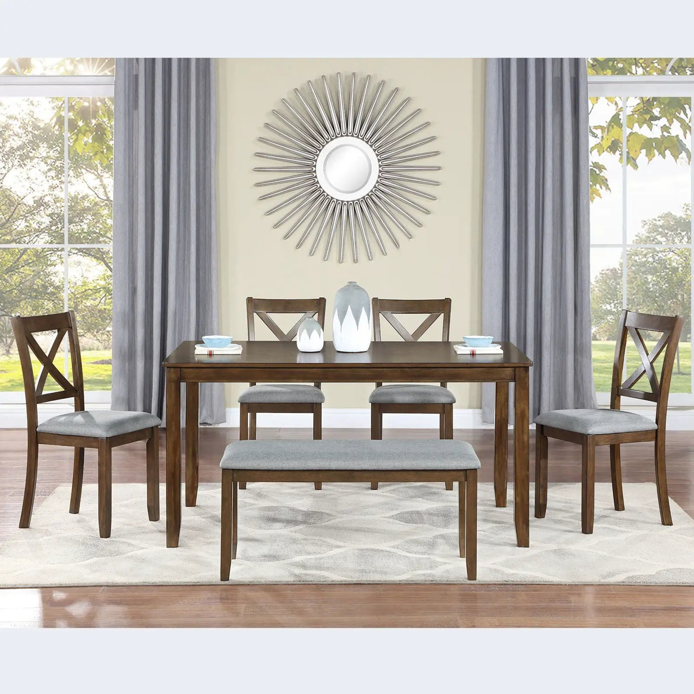 6 Pieces Kitchen Dining Set, Rectangular Wooden Dining Table With 4 Chairs And A Bench by HouseOfZazla