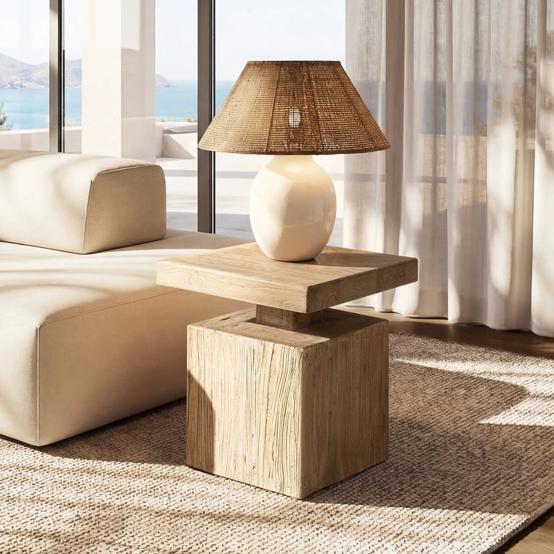 Calder 18' Solid Square Reclaimed Elm Block Plinth Side Table, Heritage Light Natural Brown by HouseOfZazla