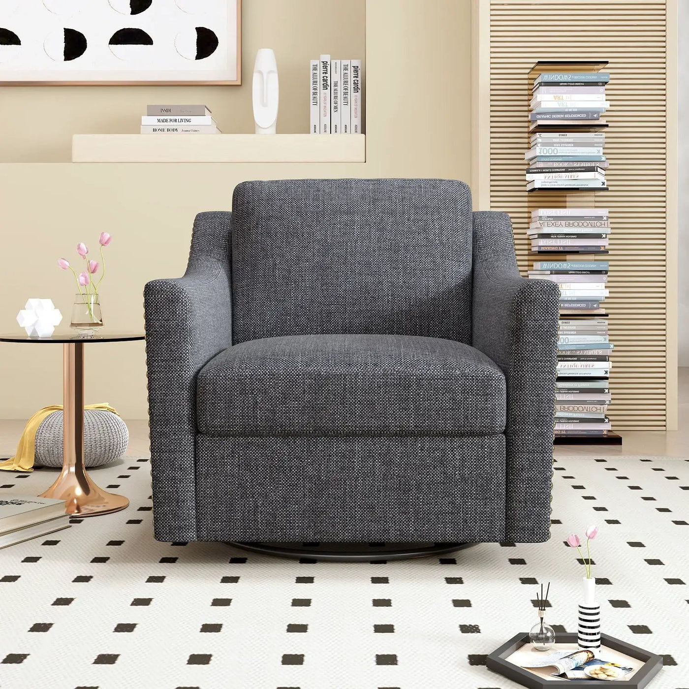 360 Degree Swivel Armchair, Skin Friendly Fabric, Ergonomic Design, Brass Nail Decorative Armchair by HouseOfZazla