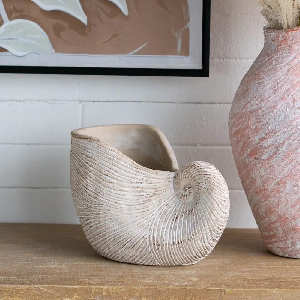 11.5x6.7x7.7" Sand and Cement Nautilus Shell Planter with Textured Beige Finish by HouseOfZazla