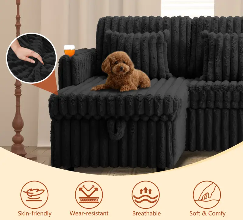 U Shaped Plush Corduroy Fluffy Sectional Sleeper Sofa by HouseOfZazla
