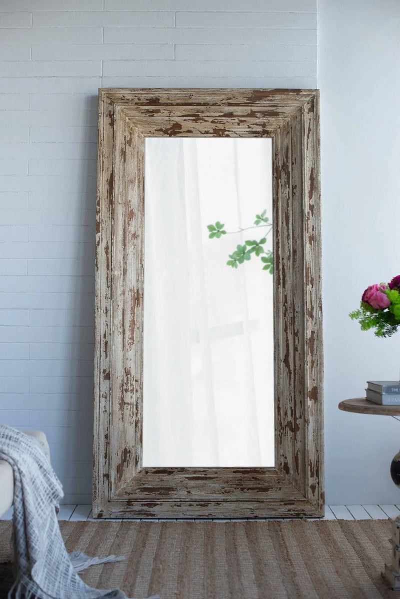 Full Length Rectangle Floor Mirror With Distressed Wood Frame - Brown by HouseOfZazla