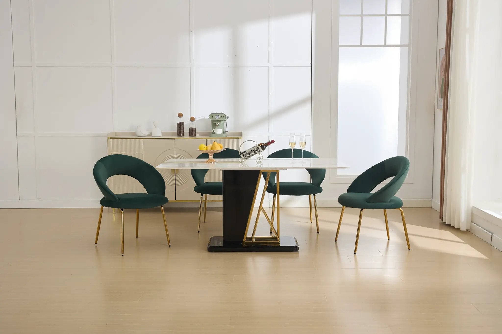 Velvet Fabric Dining Chair with Curved Backrest and Golden Metal Legs by HouseOfZazla