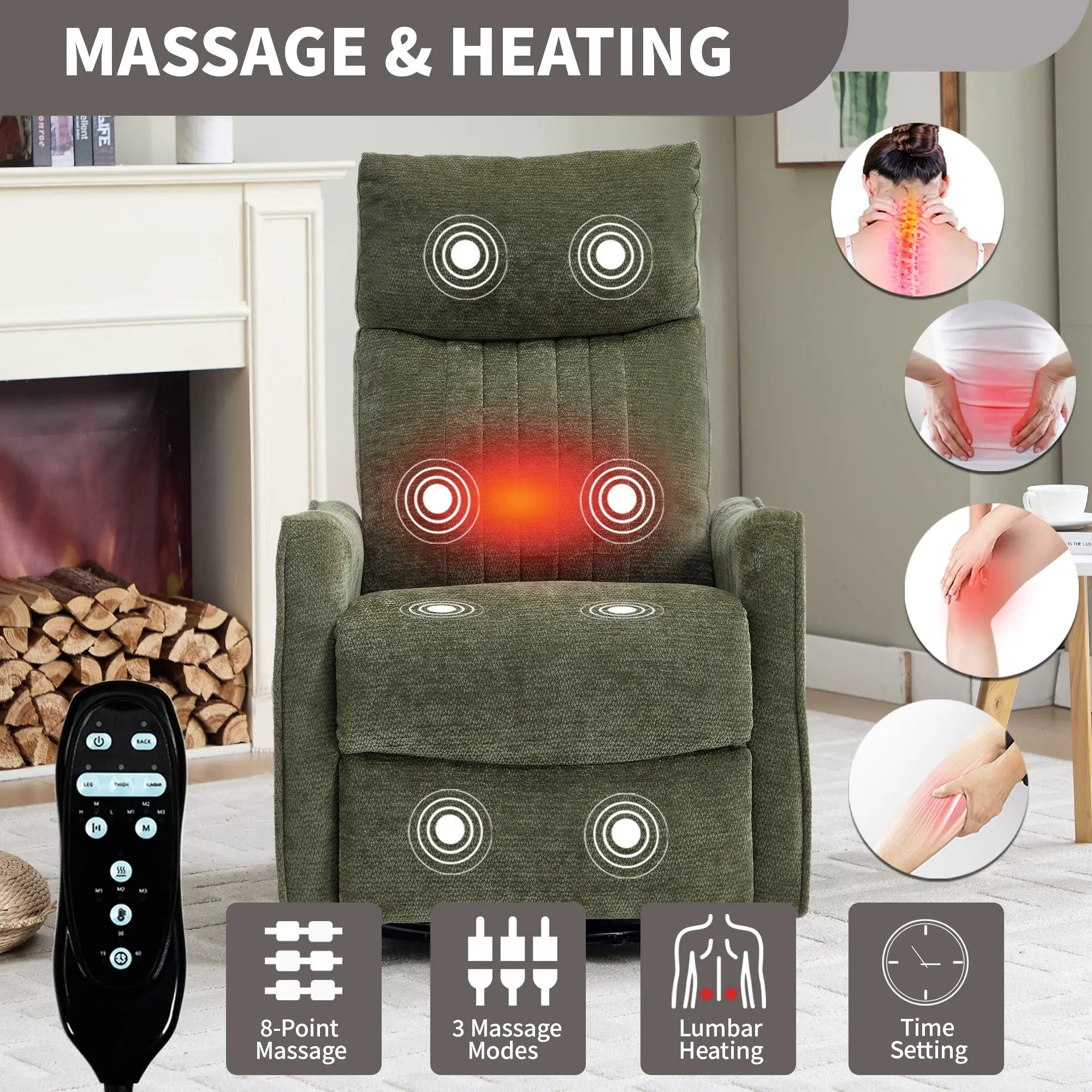 Green Heat Massage Manual Recliner Chair with Rocker and Swivel by HouseOfZazla