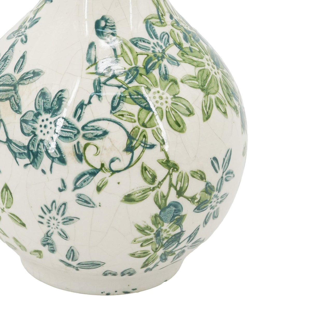 Set of 3 Floral Ceramic Vases with Crackled Ivory Finish - Green Floral Design, photo 4 of 8