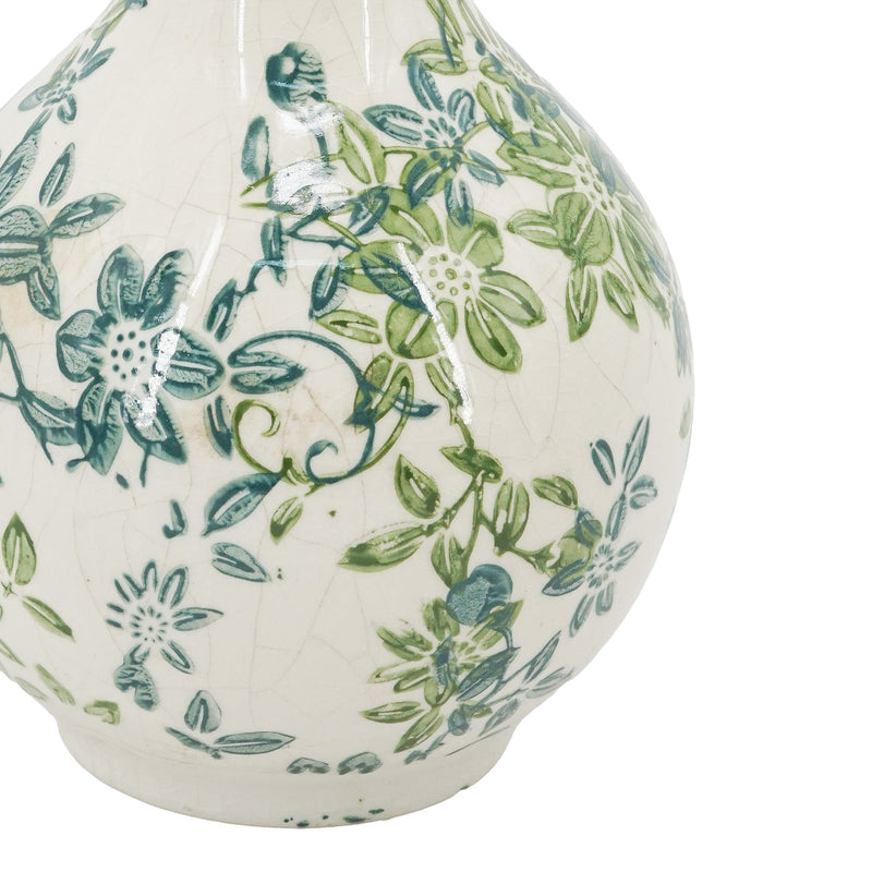 Set of 3 Floral Ceramic Vases with Crackled Ivory Finish - Green Floral Design, photo 4 of 8