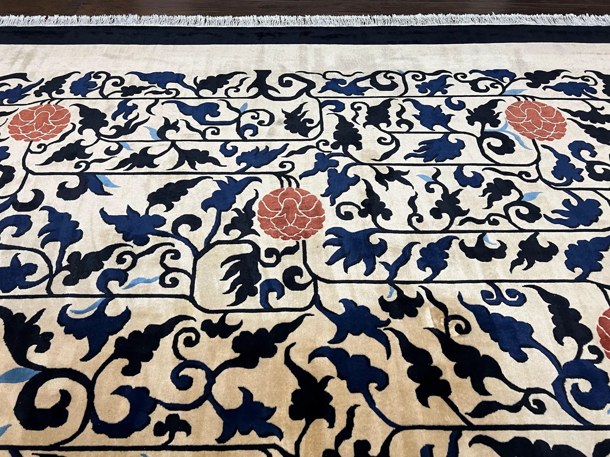 Antique Chinese Peking Rug 10x14, Beige Black, Handmade Wool Art Deco Carpet by Jewel Rugs