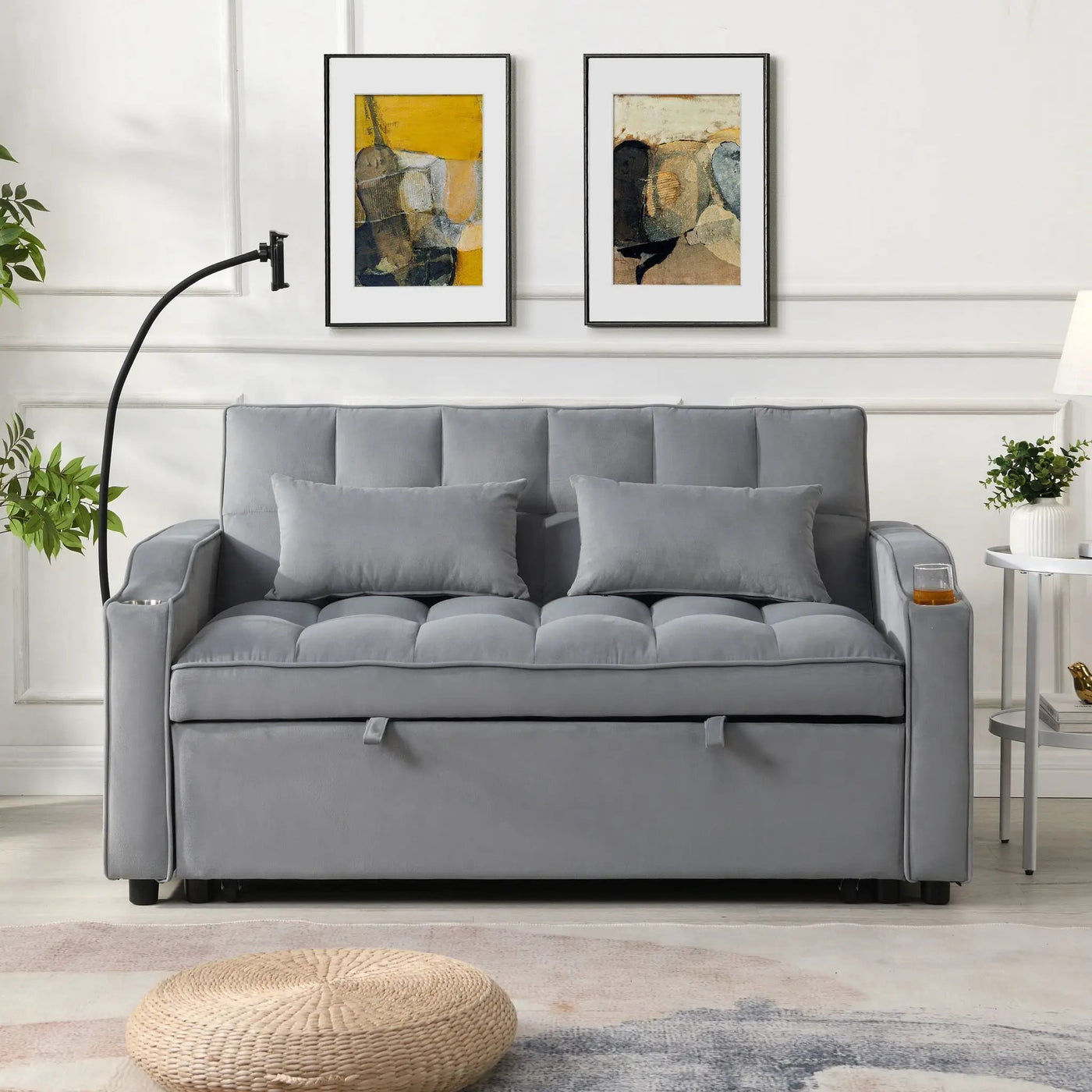 Modern Loveseat Futon Sofa With Pullout Bed, Adjustable Reclining Backrest, Toss Pillows by HouseOfZazla