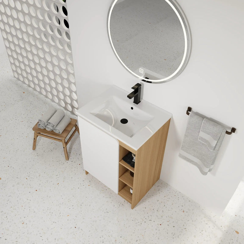 Freestanding Bathroom Vanity With Thin Rim Sink, Single Door With 4 Tier Open Shelves - Light Oak / White by HouseOfZazla