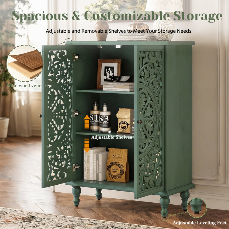 Tall Accent Cabinet with Doors & Storage, Farmhouse Hollow Carved Double Door Display Cabinet with Adjustable Shelf & Turned Legs, Freestanding Decorative Cabinet for Entryway Living Room, photo 7 of 10
