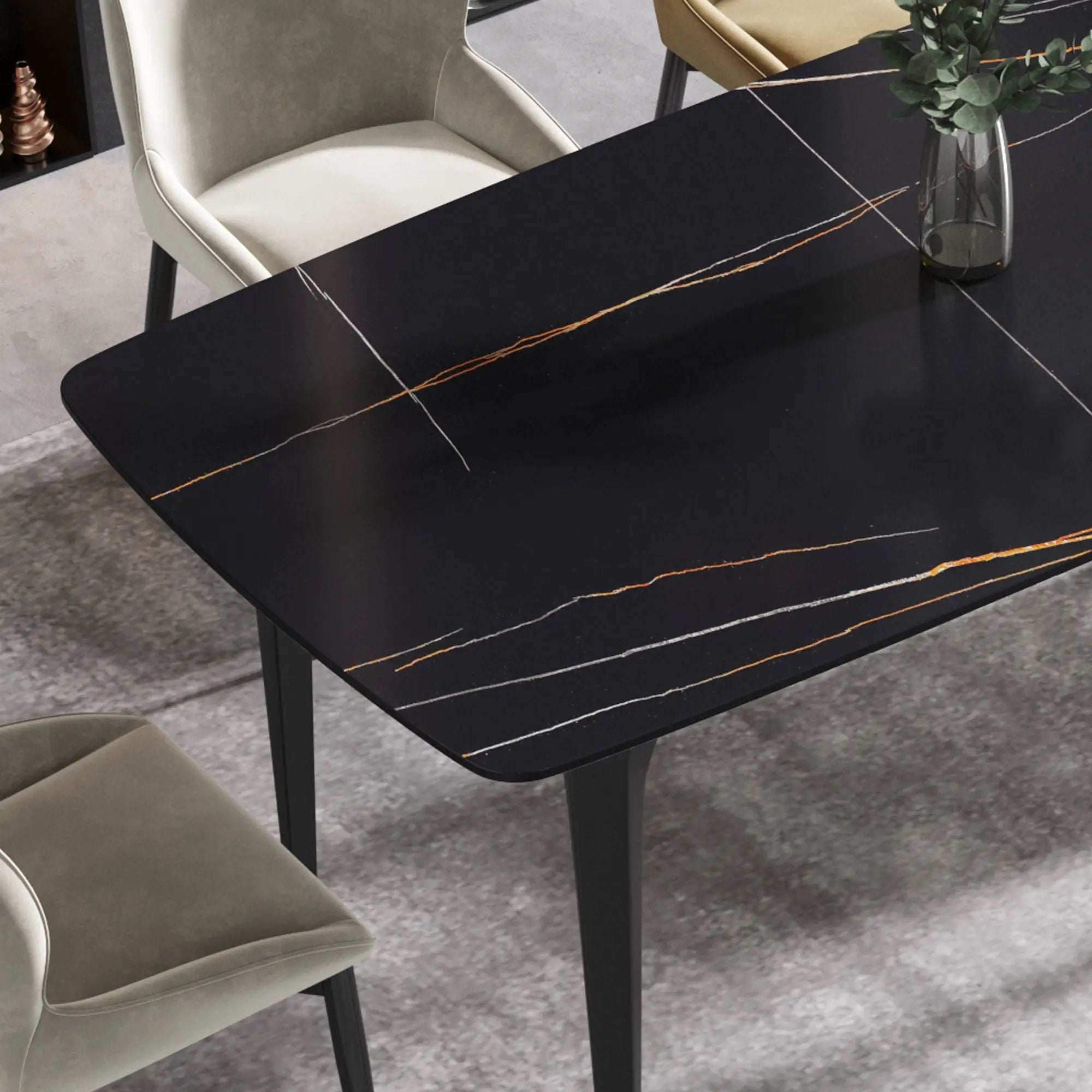 63" Artificial Stone Black Curved Black Metal Leg Dining Table, 6 People - Black by HouseOfZazla